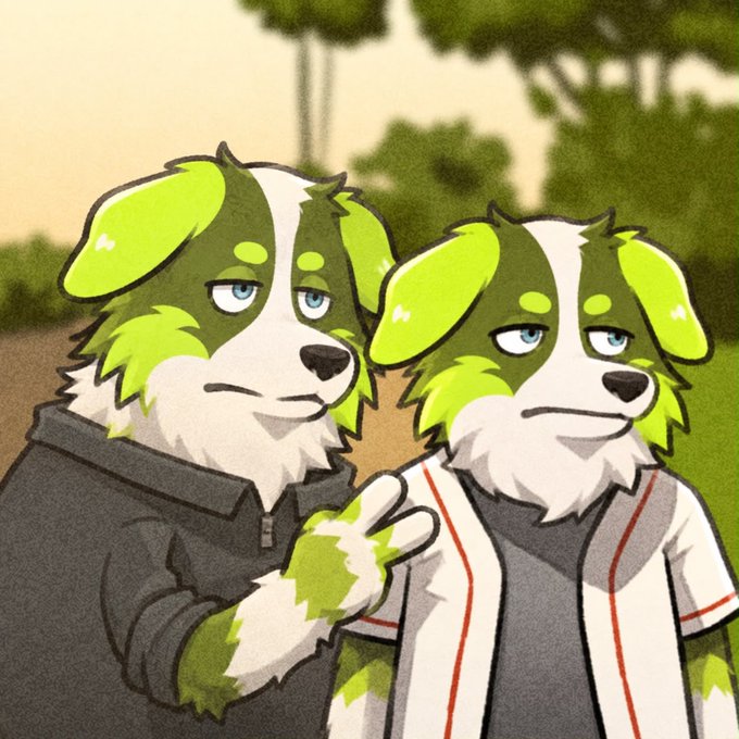 An anthropomorphic illustration of two dogs with green and white fur wearing casual clothing, rendered in a cartoon style with a sunset background.