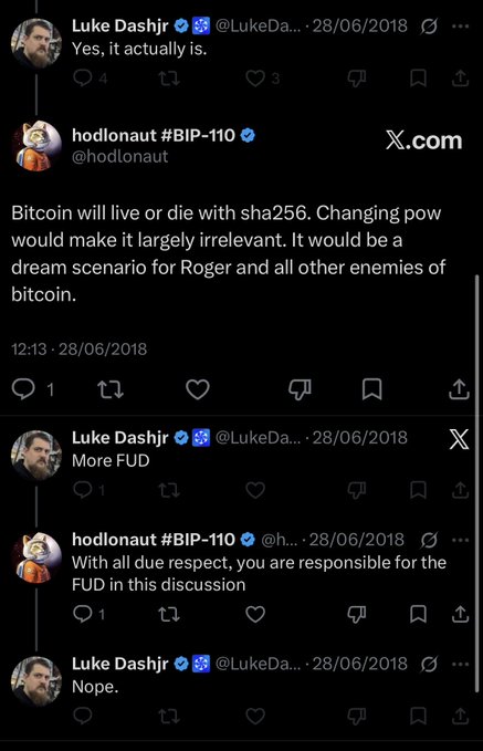 A Twitter exchange between Luke Dashjr and hodlonaut (#BIP-110) from June 28, 2018, shows Luke dismissing concerns about SHA-256 with "Yes, it actually is" and "More FUD," while hodlonaut argues "Bitcoin will live or die with sha256" and tells Luke "you are responsible for the FUD in this discussion." The screenshot contrasts Luke's confident dismissals with the irony noted in the caption, given the future significance of the SHA-256 debate.