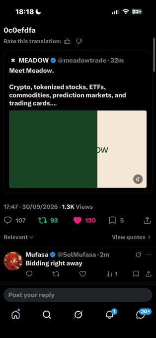 A screenshot of a Twitter/X thread translated from Japanese, showing a post from @meadowtrade introducing 'MEADOW' for trading 'Crypto, tokenized stocks, ETFs, commodities, prediction markets, and trading cards...'.