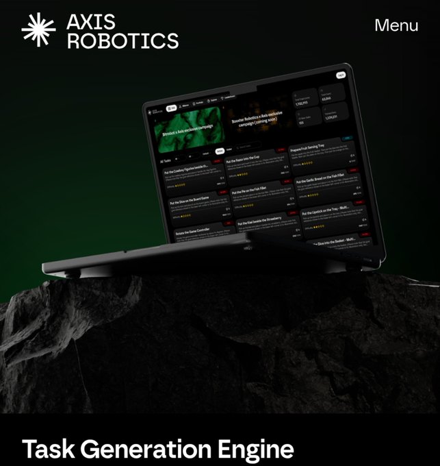 Promotional graphic for Axis Robotics featuring a laptop displaying a task management interface on a rock, with the text 'AXIS ROBOTICS', 'Menu', and 'Task Generation Engine'.