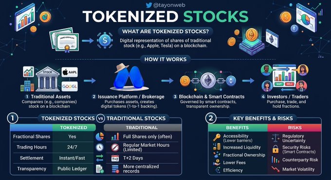 An infographic titled 'TOKENIZED STOCKS' explains digital representations of traditional stocks on a blockchain, comparing tokenized vs. traditional stocks with benefits and risks sections.