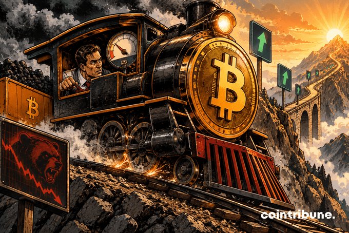 An illustrated scene shows a steam locomotive with a large golden Bitcoin on its front traveling along tracks through a mountainous landscape, accompanied by green upward arrow signs and a bear market warning sign; 'cointribune' watermark is visible.
