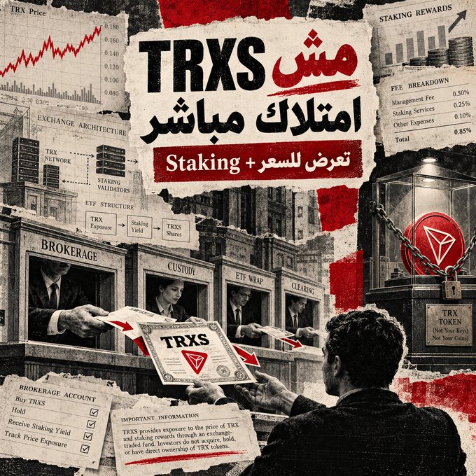 The image is a collage-style promotional graphic for the Canary Staked TRX ETF (ticker $TRXS), featuring torn-paper elements with text reading "TRXS معرض امتلاك مباشر" (direct ownership exposure) and "Staking + Staking تعرض للسعر" (price + staking exposure). It highlights a fee breakdown totaling 0.85% and a "Brokerage Account" checklist for buying TRXS, while dated sepia photos show hands exchanging TRX certificates through brokerage, custody, and clearing counters—visually illustrating the ETF's post-launch accessibility challenge that the accompanying caption references.