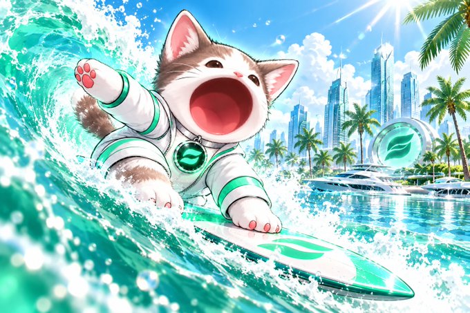 Anime-style illustration of an excited cat wearing a spacesuit with a green 'S' logo, surfing on a wave with a city skyline, palm trees, and a yacht in the background.