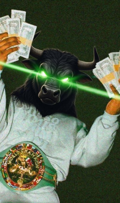 A digitally edited image of a bull wearing a white robe with a world championship belt, holding stacks of money in both hands, and featuring glowing green laser eyes.
