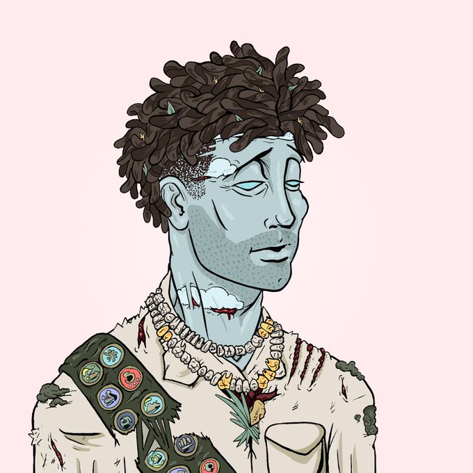 A pale blue-skinned zombie-like cartoon figure with messy dark hair adorned with leaves, a tattered sash of badges, bone necklaces, and visible wounds, stands with a serene expression against a soft pink background—embodying the "wild animal" vibe of the poster's nature-themed weekend greeting.