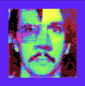 Highly pixelated, brightly colored digital art portrait of a man's face in neon green, pink, and red hues against a purple background.