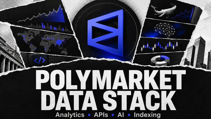 A promotional graphic for 'POLYMARKET DATA STACK' featuring a blue geometric logo and the tagline 'Analytics • APIs • AI • Indexing' surrounded by various data visualization snippets.
