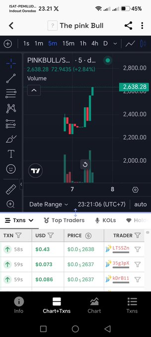 A mobile app screenshot showing the 'The pink Bull' token (PINKBULL/S...USDT) trading chart with a +2.84% gain to 2,638.28, displaying 5-minute candlesticks and recent transactions table.
