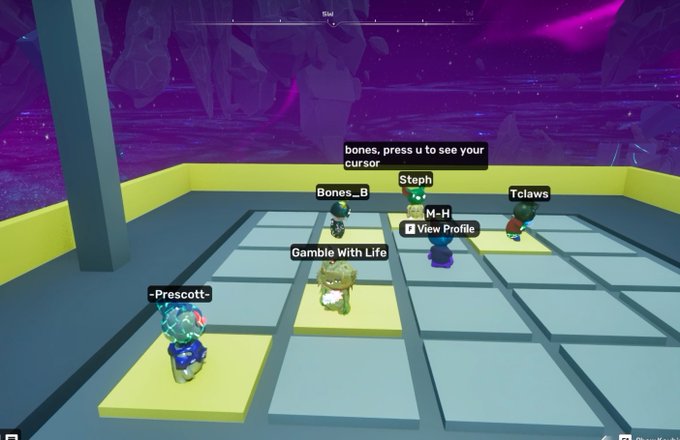 A Roblox-style video game screenshot showing multiple avatars standing on yellow grid squares in a space-like environment, with player names like '-Prescott-', 'Gamble With Life', 'Bones_B', and 'Steph' visible.