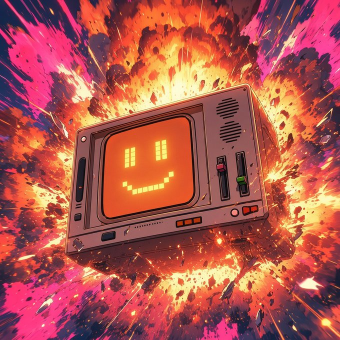 A retro computer monitor displaying a yellow pixelated smiley face, exploding with fiery orange, red, and pink energy.