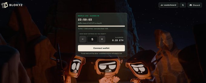 Screenshot of the Blokyz platform showing a 'BATTLE LIVE' raffle interface closing in 23:59:03 with 0.15 ETH entry fee and a 'Connect wallet' button, featuring three cartoon characters at the bottom.