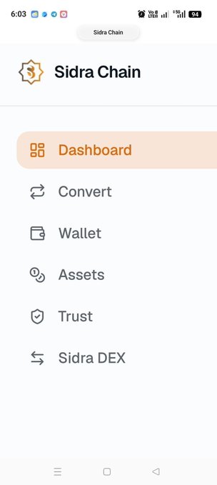 Screenshot of the Sidra Chain app interface showing a navigation menu with options for Dashboard, Convert, Wallet, Assets, Trust, and Sidra DEX, illustrating the new interface being referenced in the feature restoration request.