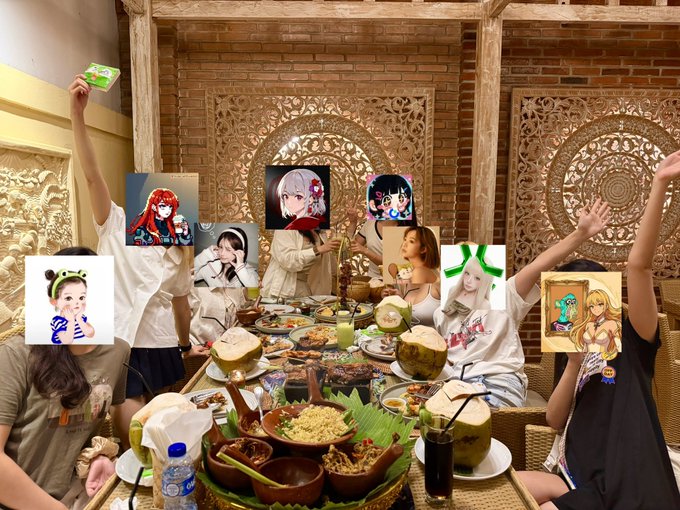 A photo of a group of people dining at a table with various dishes and coconuts, with several anime and VTuber character images digitally edited over the people's faces.