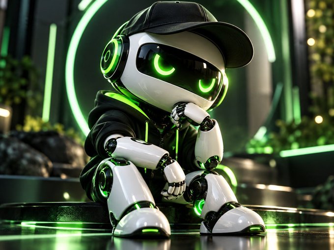 A small white and green robot wearing a black hoodie and cap sits in a contemplative pose with glowing green eyes in a sleek, neon-lit futuristic setting. The image visually echoes the post's theme of AI agents needing identity and verifiable records to operate, representing the introspective agent described in the text about ERC-8004 identity in Termix.