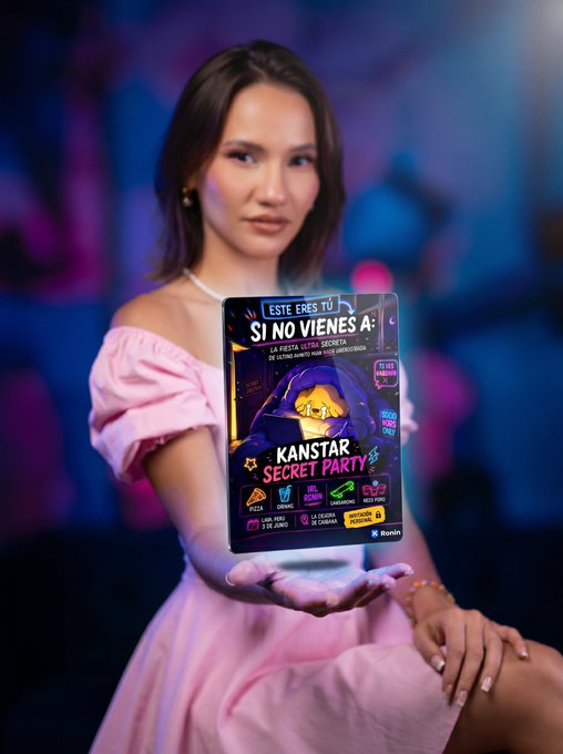 The image features a woman wearing a pink dress holding up an electronic device with a poster or flyer for a party, possibly a KANSTAR Secret Party. The woman appears to be posing for the photo while displaying the event details.