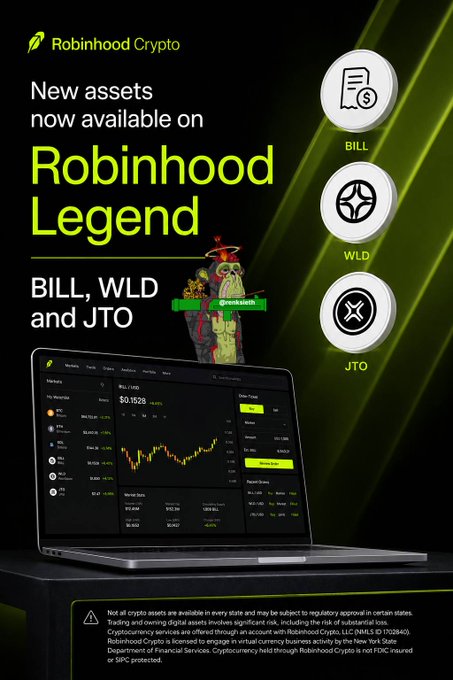An advertisement for Robinhood Crypto announcing new assets "BILL, WLD and JTO" now available on Robinhood Legend, showing a laptop displaying trading charts.