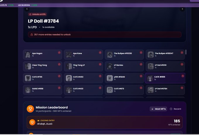 A screenshot of the LP Doll #3784 NFT collection page displaying 61% unlocked progress with 357 more entries needed, alongside a Mission Leaderboard showing 14 participants and 680 NFTs entered, with @GoGoP_0uo03 leading entries at 185 NFTs earned. The image showcases the ongoing Summerslam LV quest described in the post, featuring various NFTs from projects like @bullpenNFT, @CATEnftSolana, and LP Dolls.