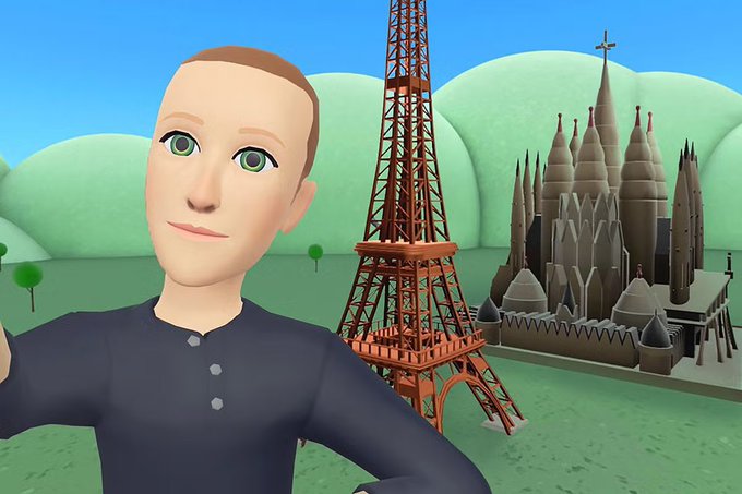 A 3D avatar with brown hair and a dark shirt taking a selfie in front of the Eiffel Tower and a Gothic cathedral resembling the Sagrada Familia.