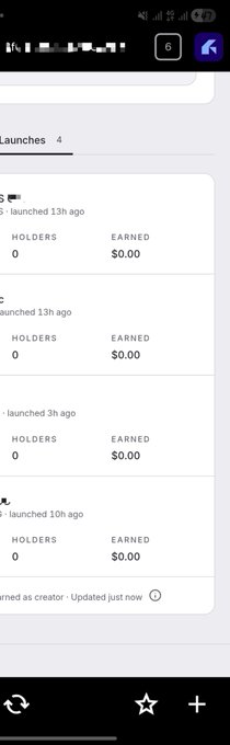 A mobile app screenshot showing a 'Launches 4' page with entries displaying 0 'HOLDERS' and '$0.00 EARNED', each marked 'launched' a varying number of hours ago.