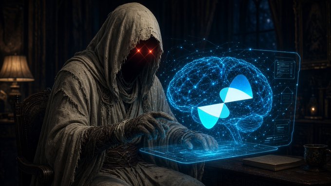 A hooded, ghostly figure with glowing red eyes sits at a desk using a glowing blue holographic laptop that displays a brain graphic and the Google Drive logo.
