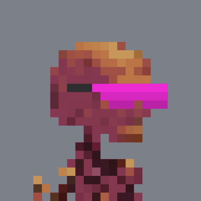 A pixel art image shows a reddish-brown character with a pink visor and orange hat against a gray-blue background.