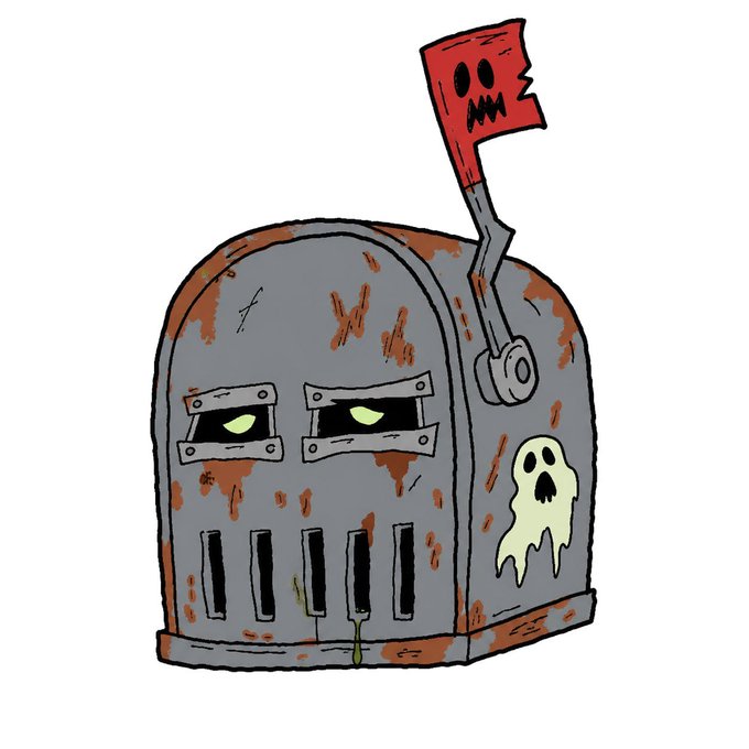 Cartoon illustration of a rusty, gray robotic mailbox character with glowing yellow eyes, a tattered red flag with a skull face, and a small ghost painted on its side.