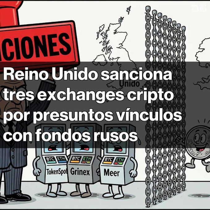 A cartoon illustration showing three anthropomorphized cryptocurrency exchange machines (TokenSpot, Grinex, and Meer) in chains, overlaid with Spanish text reading 'Reino Unido sanciona tres exchanges cripto por presuntos vínculos con fondos rusos' (UK sanctions three crypto exchanges for alleged links to Russian funds).