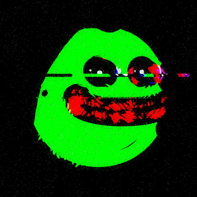 A stylized, glitch-art image of a green smiling frog face wearing sunglasses against a black starry background.