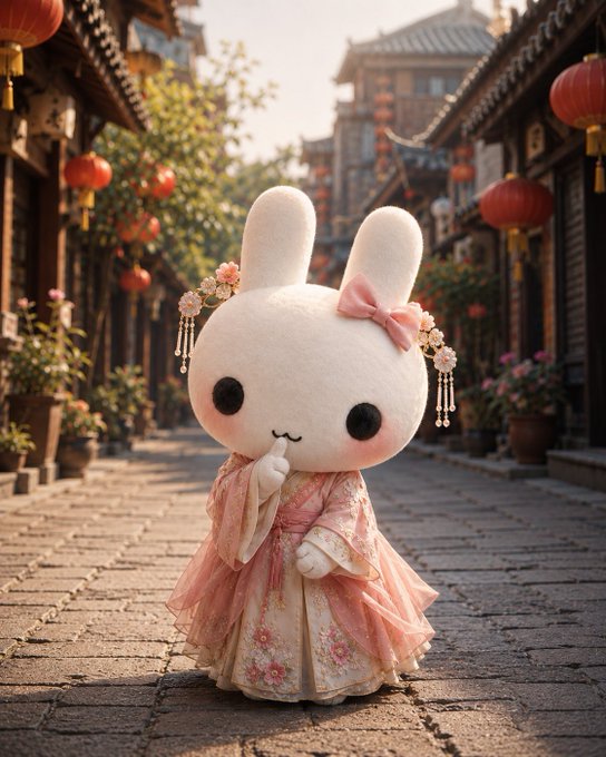 An adorable fluffy white bunny character with floral hair accessories and a pink bow wears a traditional pink Chinese dress, standing in a stone street with red lanterns.