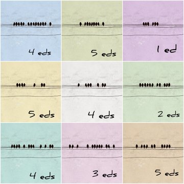 A 3x3 grid of colored squares, each featuring a power line with birds perched on it, with handwritten numbers counting the birds in each panel (ranging from 1 to 5).