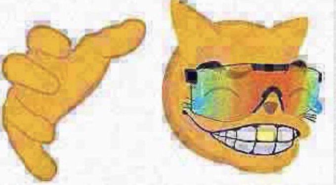 An orange cat emoji-style illustration wearing rainbow-tinted sunglasses and grinning widely, with a pointing finger to the left.