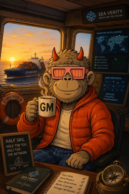 A digital illustration of a horned, monkey-like character wearing red sunglasses and an orange puffer jacket, holding a mug labeled 'GM' inside a ship cabin. Visible text includes 'SEA VERITY', 'TRUTH ON THE OCEAN', 'HALF SAIL HALF FOR YOU HALF FOR THE NETWORK', and 'ETHRA HARBOR' on a life preserver.