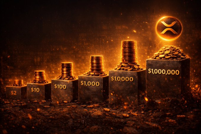 An image showing increasing stacks of gold coins on pedestals labeled '$2', '$10', '$100', '$1,000', '$10,000', and '$1,000,000', with a glowing XRP (Ripple) logo above the tallest stack.