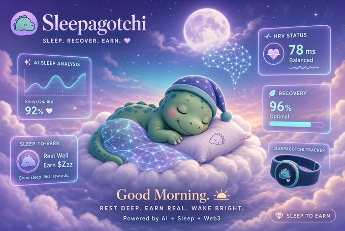 A promotional graphic for 'Sleepagotchi' features a cute dragon sleeping on a cloud in a night sky, surrounded by sleep metrics like 'SLEEP QUALITY 92%', 'HRV STATUS 78 ms Balanced', and 'RECOVERY 96% Optimal', with the tagline 'REST DEEP. EARN REAL. WAKE BRIGHT.'