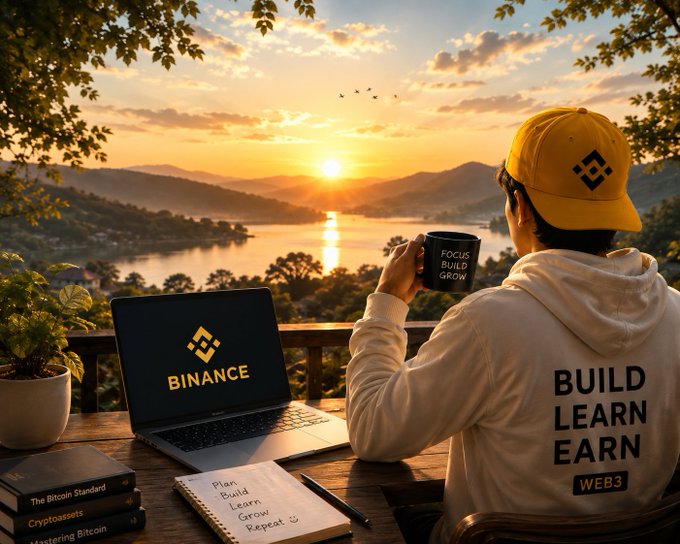 A man in a yellow Binance cap and "BUILD LEARN EARN WEB3" hoodie sits at a desk with a Binance laptop, a "FOCUS BUILD GROW" mug, and books including "The Bitcoin Standard" and "Mastering Bitcoin", overlooking a sunset lake.