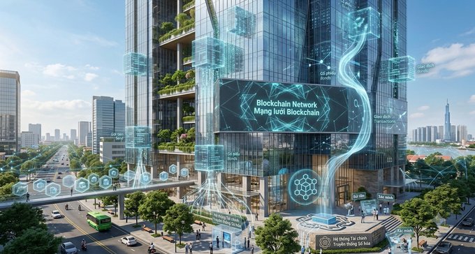 A futuristic cityscape illustration features modern skyscrapers with holographic blockchain network displays and digital data visualizations overlaid on the urban scene.