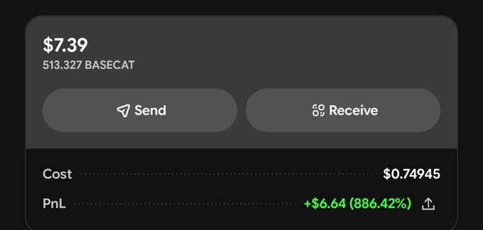A cryptocurrency wallet interface displays a BASECAT holding of 513.327 tokens valued at $7.39, with a cost basis of $0.74945 and a profit showing +$6.64 (886.42%) gain, illustrating the user's boast about turning an $0.80 curiosity purchase into nearly $8.