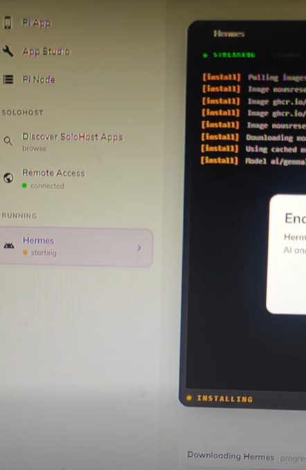 A computer screen displays the Pi App Studio interface with the "Hermes" AI app in a "starting" state, showing installation logs on the right panel including "[install] Pulling images" and "Downloading n..." while status indicators confirm "Remote Access connected" and "Pi App" is active, demonstrating that the connection issue has been resolved and the Hermes AI assistant is being installed successfully.