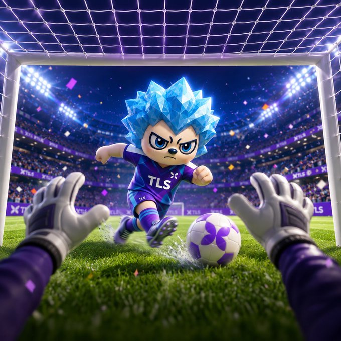 The image features a soccer player kicking a purple and white ball, with a goalie attempting to block the shot. The background shows a stadium filled with spectators, indicating that this scene takes place during a professional soccer match. The caption for the image reads "$TLS 更高，更快，更强". This suggests that the player is likely a member of the top-ranked soccer team and is known for their exceptional skills, speed, and determination on the field.