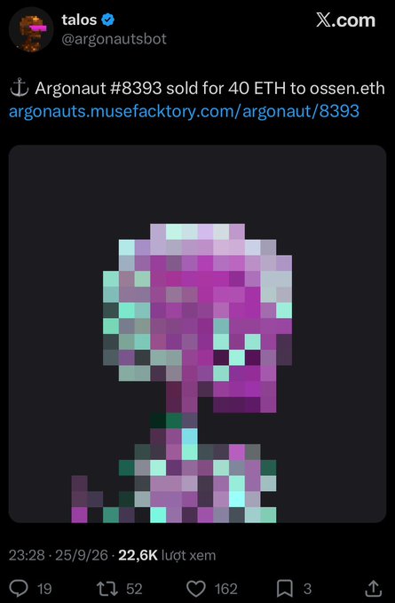 A screenshot of an X.com post from 'talos' (@argonautsbot) announcing 'Argonaut #8393 sold for 40 ETH to ossen.eth' with a link to argonauts.musefaktory.com, featuring a pixelated skull image with purple and teal hues.