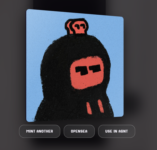 A digital card displays a stylized black and red bear character with sunglasses on a blue background, accompanied by buttons labeled 'MINT ANOTHER', 'OPENSEA', and 'USE IN AGNT'.