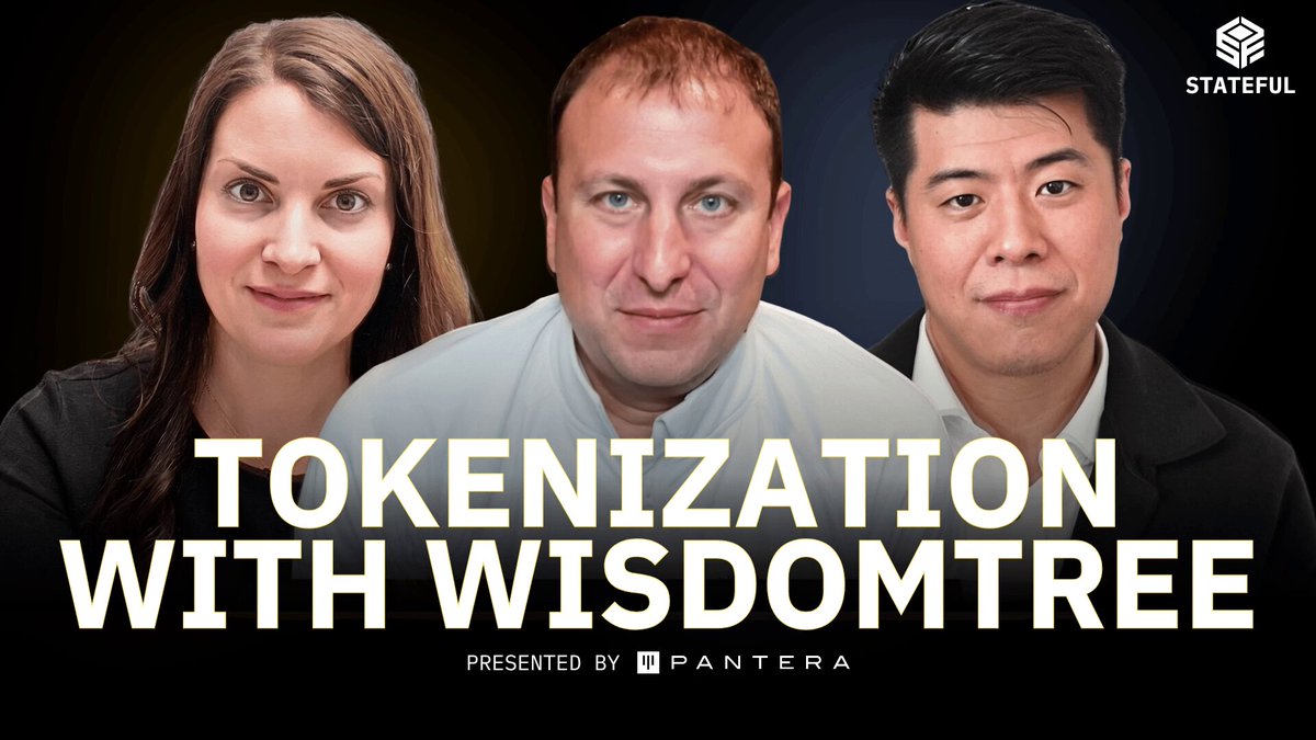The image features a poster for a podcast titled "Tokenization with Wisdomtree" featuring three people, including two men and one woman. The poster has white text at the top reading "Tokenization With Wisdomtree", and below them are the names of the hosts, who appear to be experts in the field. The background is black, which contrasts with the white text on the poster.