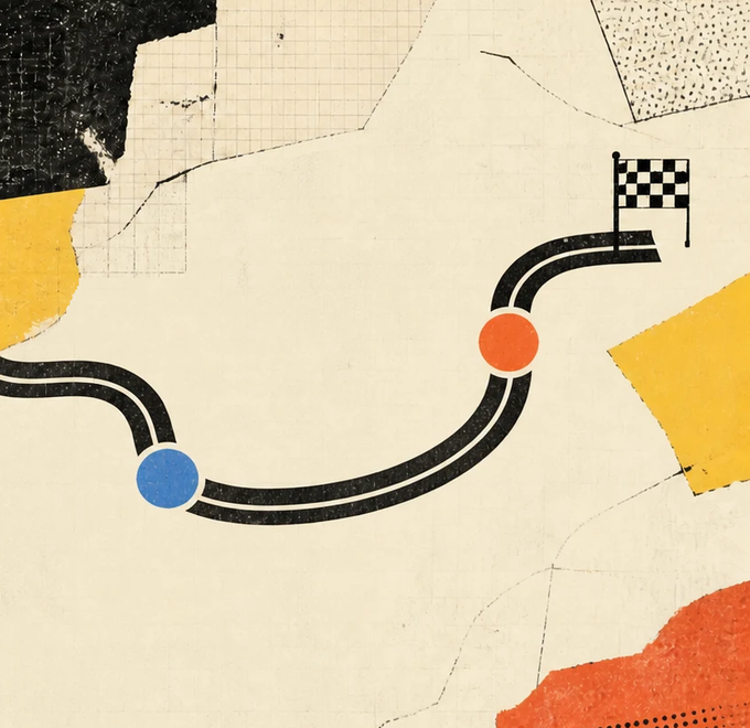 A mixed-media style illustration showing a winding black path from a blue dot to an orange dot, ending at a checkered flag, surrounded by textured blocks of yellow, black, red, and graph paper.