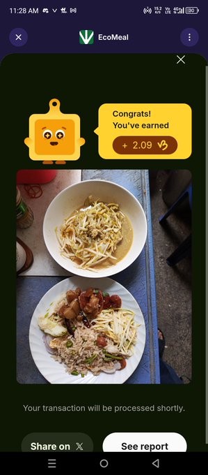 A screenshot from the EcoMeal app showing a reward notification of '+ 2.09' earned for a meal transaction, displaying photos of noodle and rice dishes.