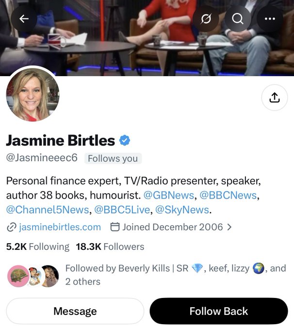 This image shows the Twitter/X profile of Jasmine Birtles (@Jasmineec6), a personal finance expert, TV/Radio presenter, and author of 38 books with 18.3K followers. The profile appears to be from a media appearance setting, but it doesn't appear to relate to the accompanying post about losing wallet contents to a weth dump and needing damage control.
