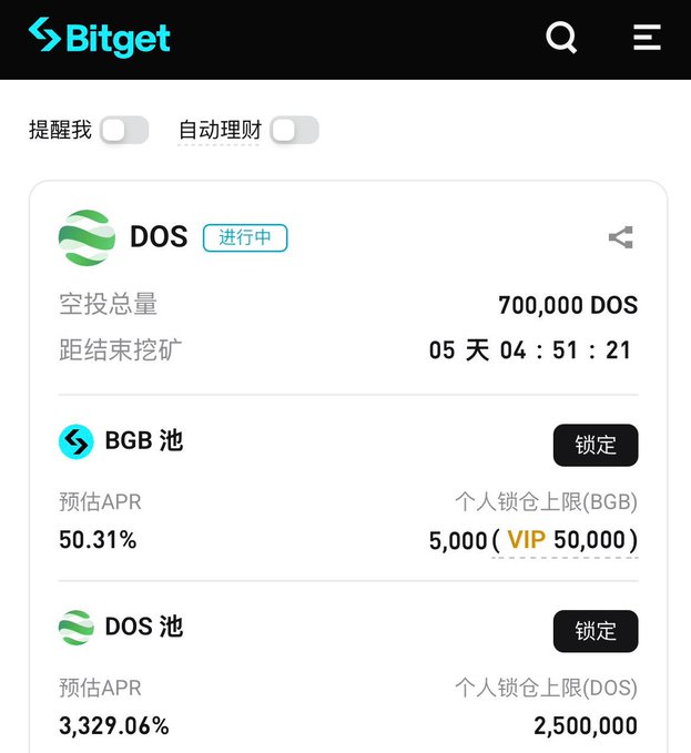 A mobile screenshot of the Bitget exchange's mining/airdrop page for DOS token (showing 700,000 DOS airdrop, 50.31% APR BGB pool, and 3,329.06% APR DOS pool), though the image content relates to the post's mention of DAPPOS's xBubble AI Agent platform only tangentially, as the screenshot displays cryptocurrency staking pools rather than the AI product being discussed.