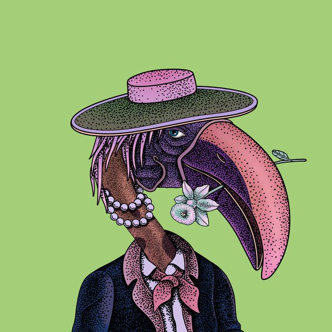 urn of pink flowers, a green hat with white polka dots and a pink bowtie, and a black suit jacket with a pink collar and tie are depicted against a light green background.