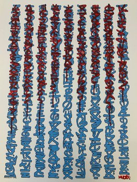 A piece of artwork featuring stylized blue and red calligraphic symbols arranged in vertical columns on a cream background, signed 'HUSK' in the bottom right corner.
