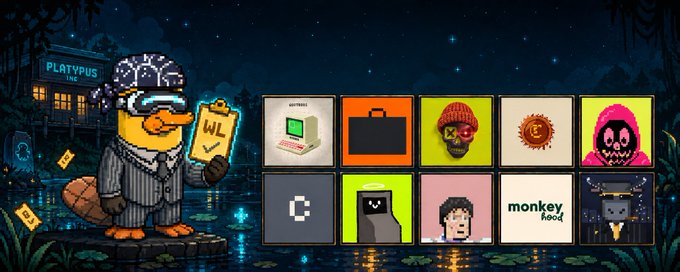 A pixel-art platypus character in a detective outfit holds a "WL" clipboard next to a grid of NFT community icons, including "monkey hood," against a swampy nighttime backdrop featuring a "PLAYPUS INC" sign. The image visually represents the whitelist eligibility check referenced in the post about minting opportunities on OpenSea.